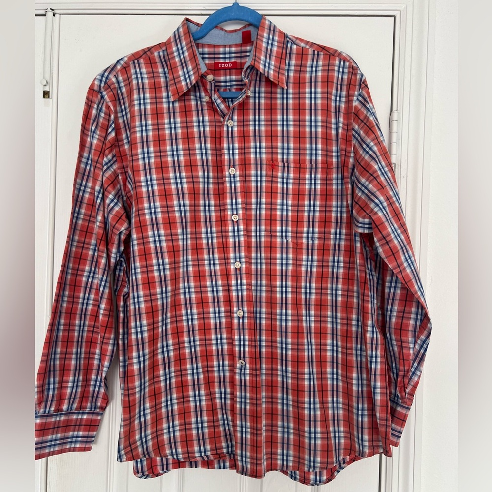 Izod Men's Orange and Blue Plaid Button Down Shirt